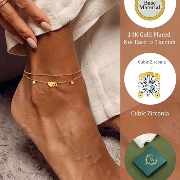 Gold Silver Ankle Bracelets for Women 14k Gold Plated Initial Anklets for Women - Picture 4 of 8